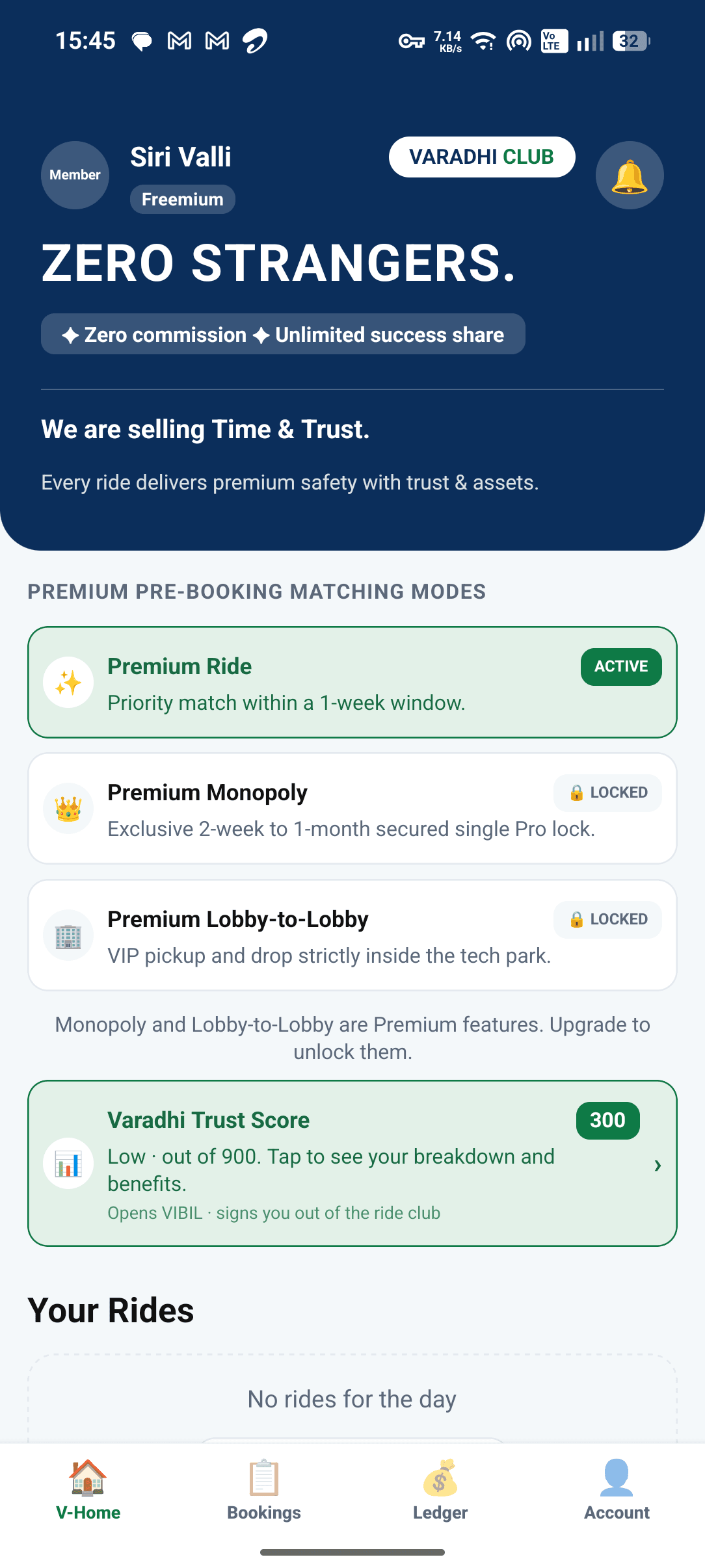 Varadhi Club app — member home screen